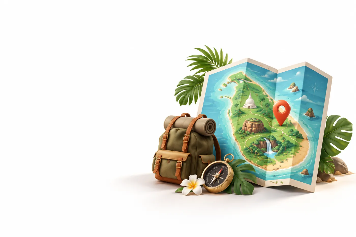 Travel map, backpack and compass